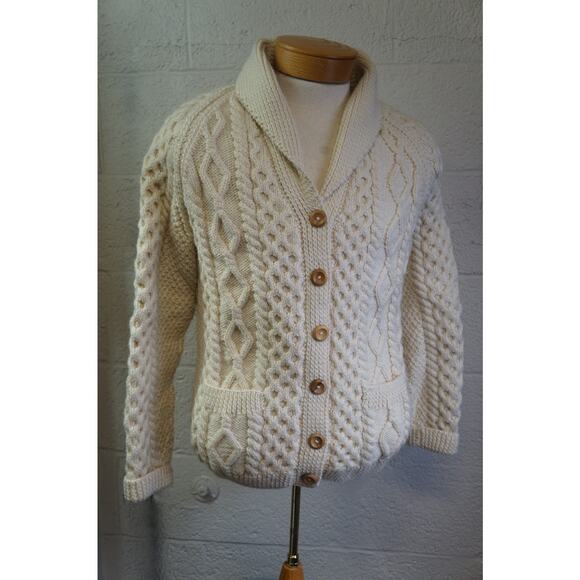 Inverallan Hand Knitted Shawl Collar Cardigan Ivory Pure New Wool Cable Pockets - Picture 3 of 10
